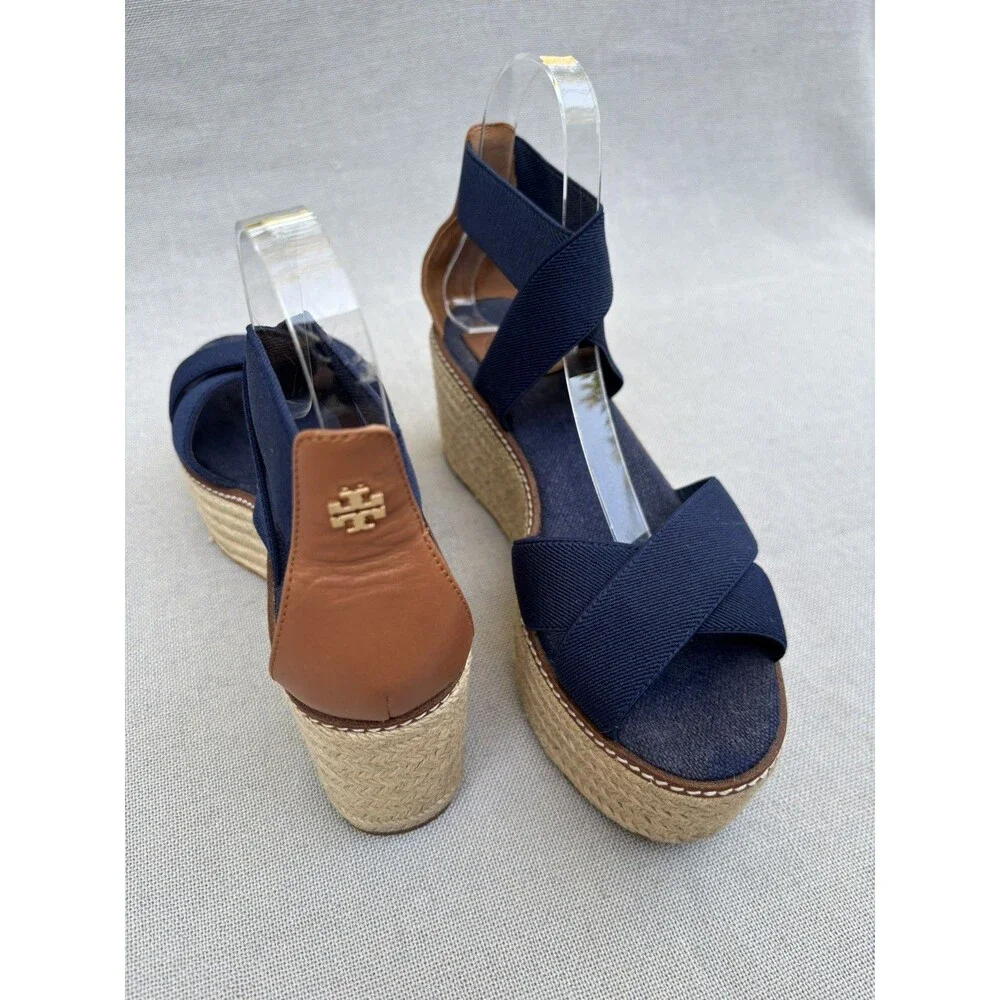 TORY BURCH ESPADRILLES SIZE 8.5 M FABRIC LEATHER BLUE SOLID